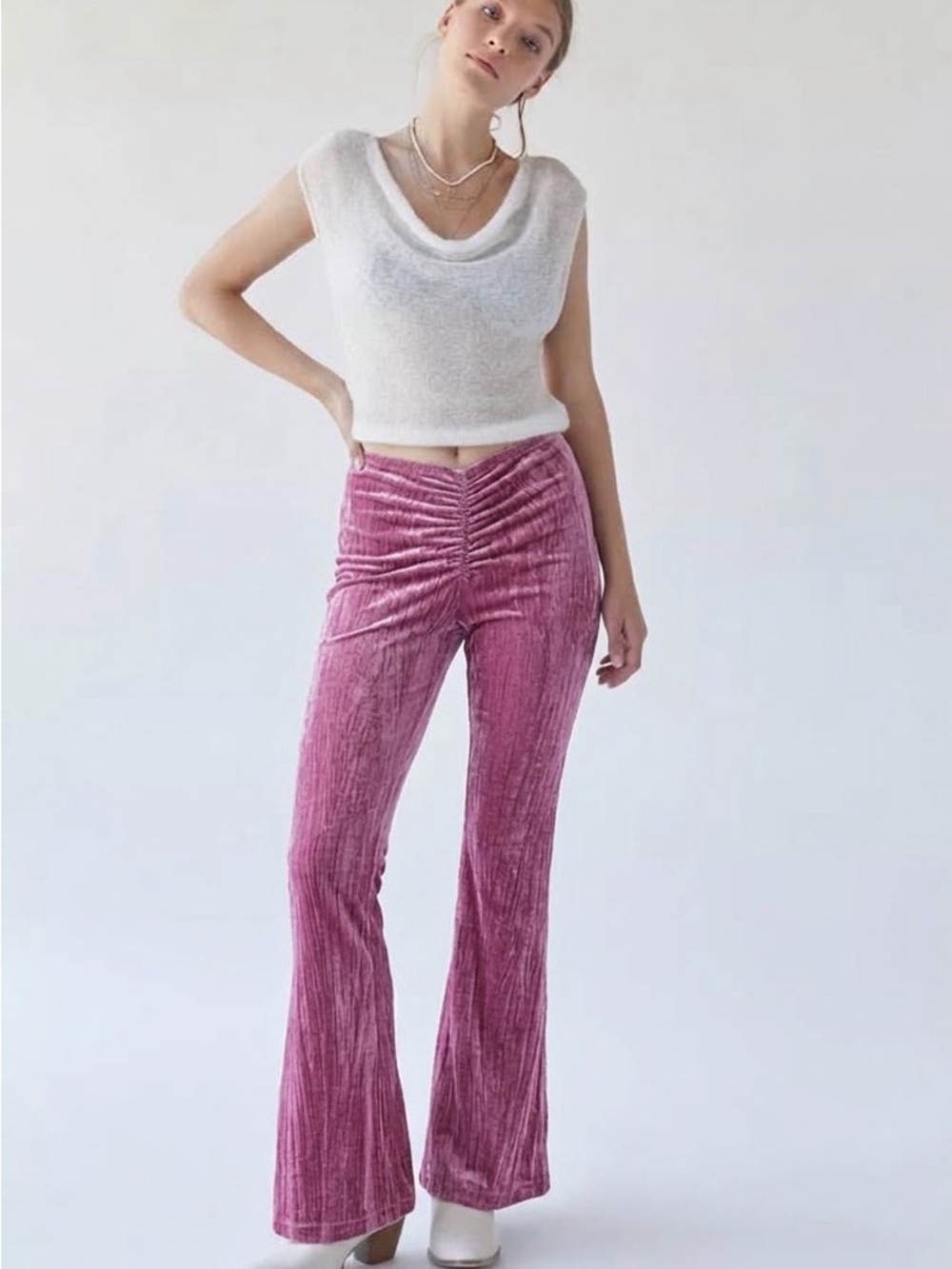 Urban outfitters boho low waist crushed velvet pink flare pants